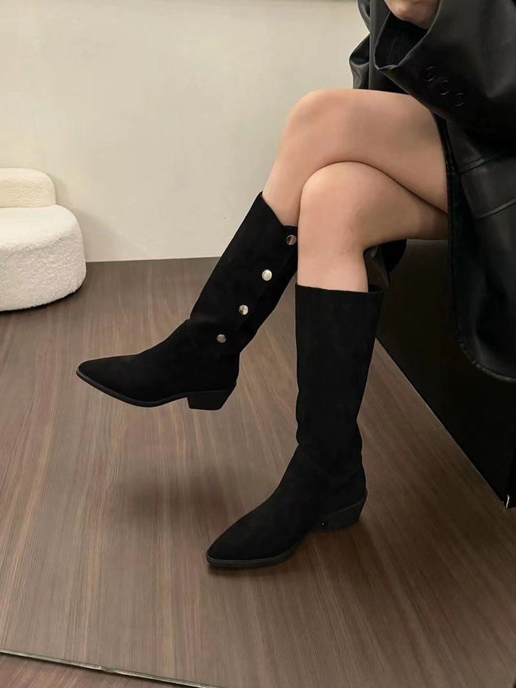 Pointed Toe Button Faux Suede Knee High Boots