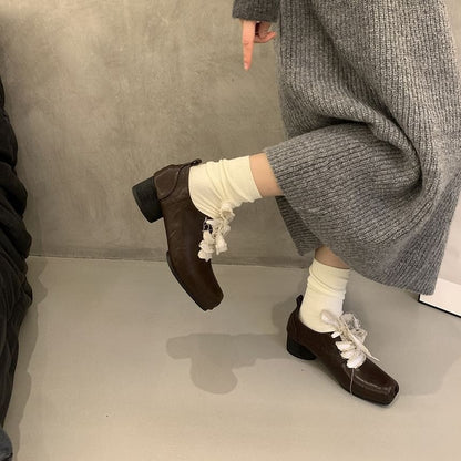 Square Toe Block Heel Lace Up Pumps
