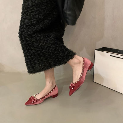 Pointed Toe Bow Studded Velvet Pumps