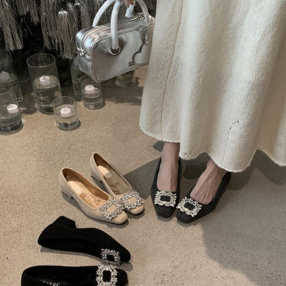 Square Toe Rhinestone Buckle Block Heel Pumps