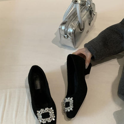Square Toe Rhinestone Buckle Block Heel Pumps