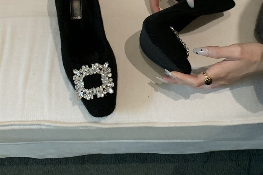 Square Toe Rhinestone Buckle Block Heel Pumps