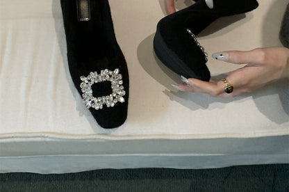 Square Toe Rhinestone Buckle Block Heel Pumps