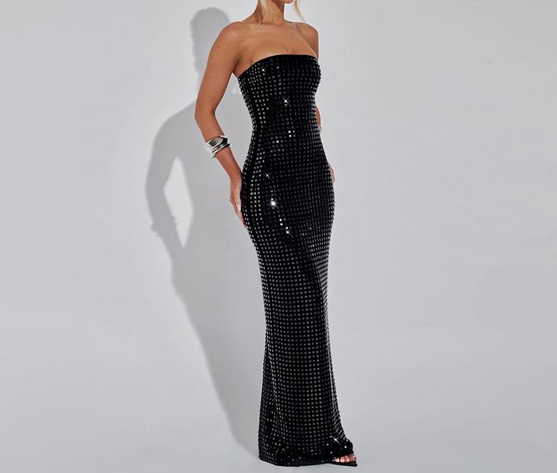 Strapless Glitter Slit Bodycon Evening Gown
