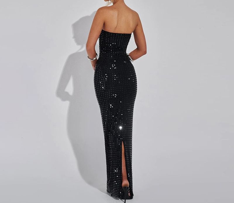 Strapless Glitter Slit Bodycon Evening Gown
