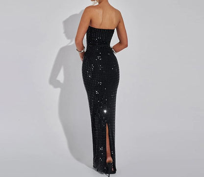 Strapless Glitter Slit Bodycon Evening Gown