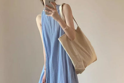 Sleeveless Round Neck Solid Pleated Maxi A-Line Dress