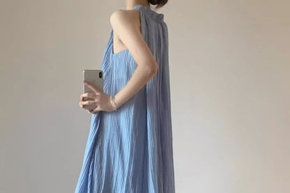 Sleeveless Round Neck Solid Pleated Maxi A-Line Dress