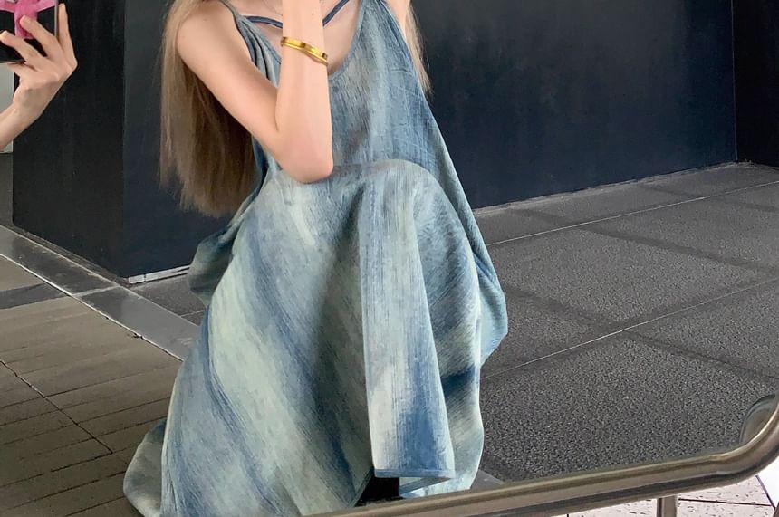 Thin Strap V-Neck Tie-Dye Floor-Length Flared Gown