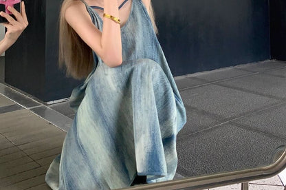 Thin Strap V-Neck Tie-Dye Floor-Length Flared Gown