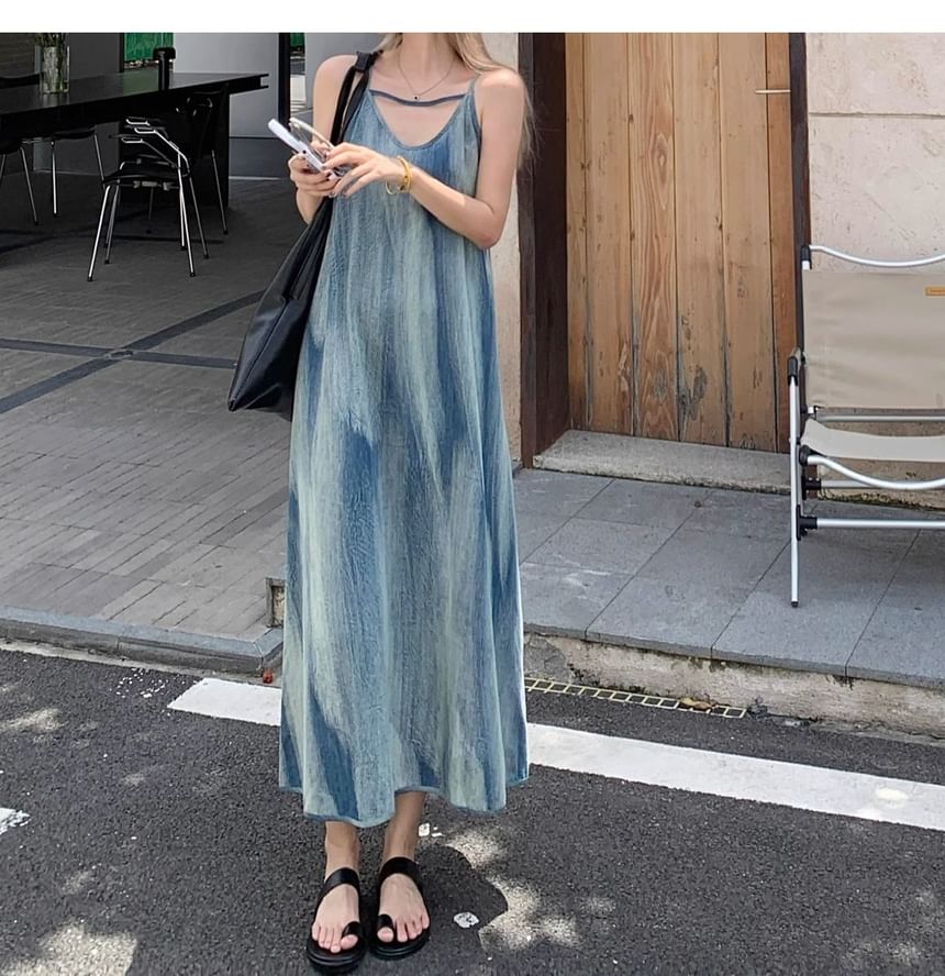Thin Strap V-Neck Tie-Dye Floor-Length Flared Gown