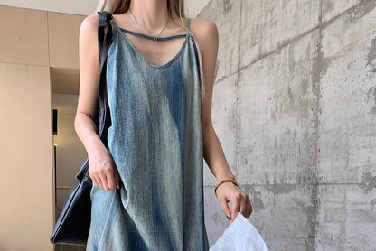 Thin Strap V-Neck Tie-Dye Floor-Length Flared Gown