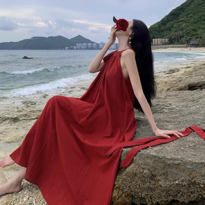 Sleeveless Crew Neck Solid Floor-Length Flared Gown