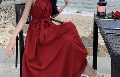 Sleeveless Crew Neck Solid Floor-Length Flared Gown