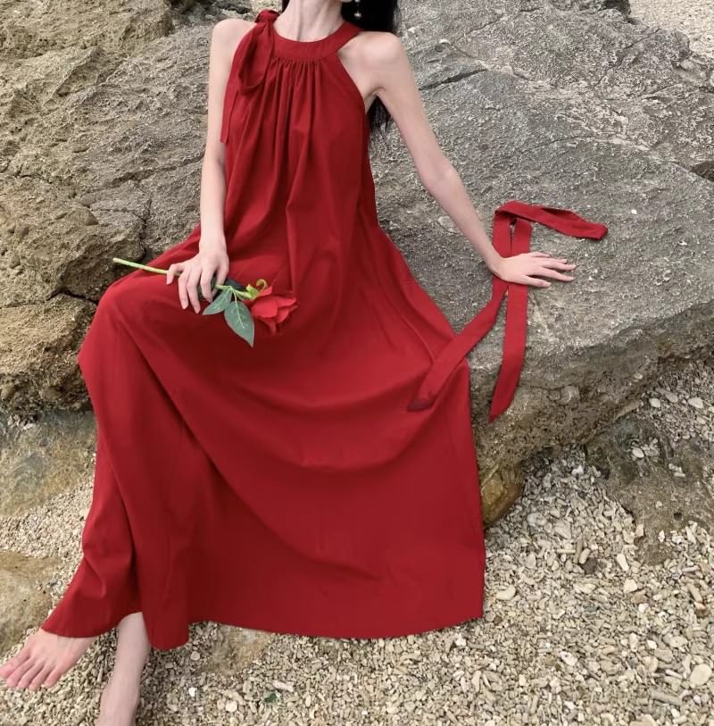 Sleeveless Crew Neck Solid Floor-Length Flared Gown