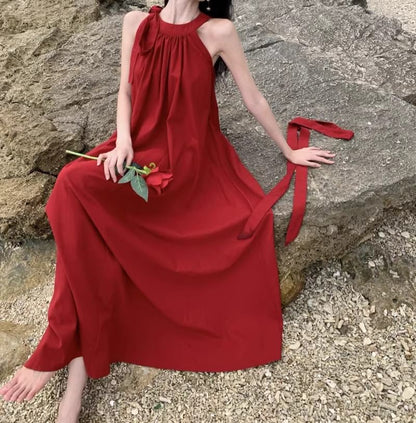 Sleeveless Crew Neck Solid Floor-Length Flared Gown