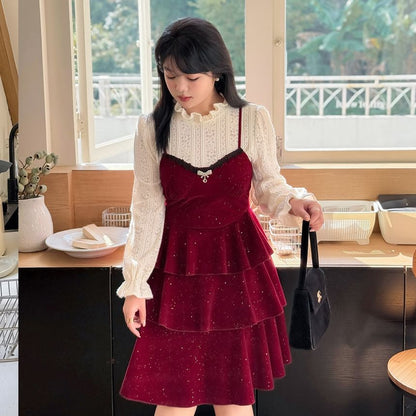 Plus Size Set: Puff-Sleeve Patterned Lace Blouse + Glitter Flower Embroidered Tiered Jumper Dress