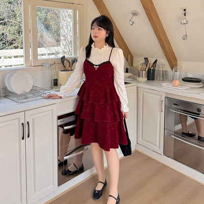 Plus Size Set: Puff-Sleeve Patterned Lace Blouse + Glitter Flower Embroidered Tiered Jumper Dress