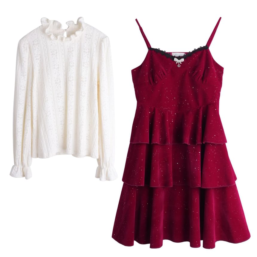 Plus Size Set: Puff-Sleeve Patterned Lace Blouse + Glitter Flower Embroidered Tiered Jumper Dress