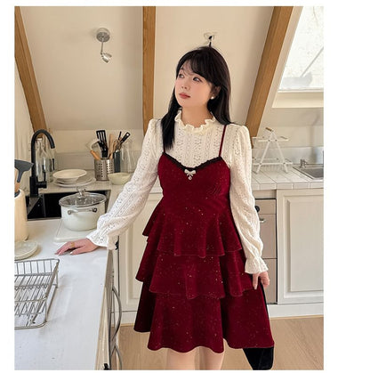 Plus Size Set: Puff-Sleeve Patterned Lace Blouse + Glitter Flower Embroidered Tiered Jumper Dress