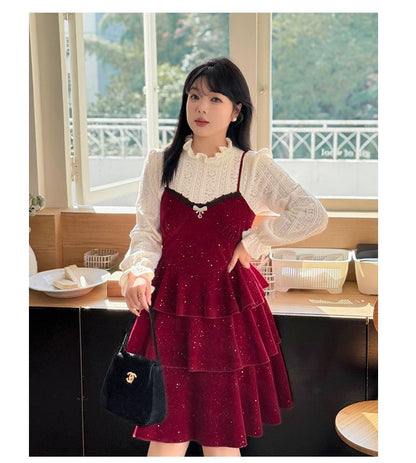 Plus Size Set: Puff-Sleeve Patterned Lace Blouse + Glitter Flower Embroidered Tiered Jumper Dress
