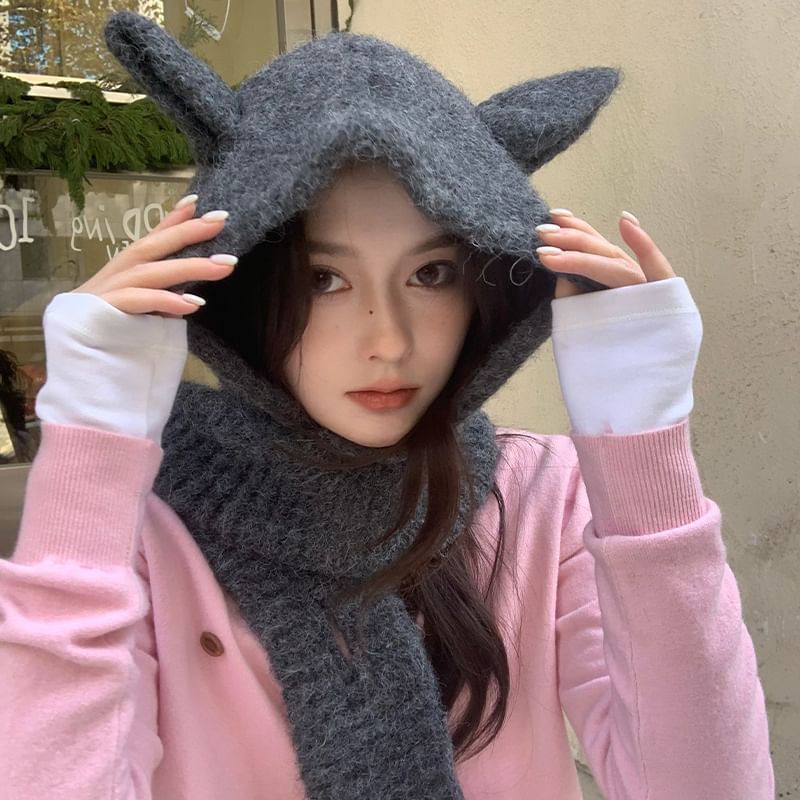 Rabbit Ear Plain Hooded Scarf