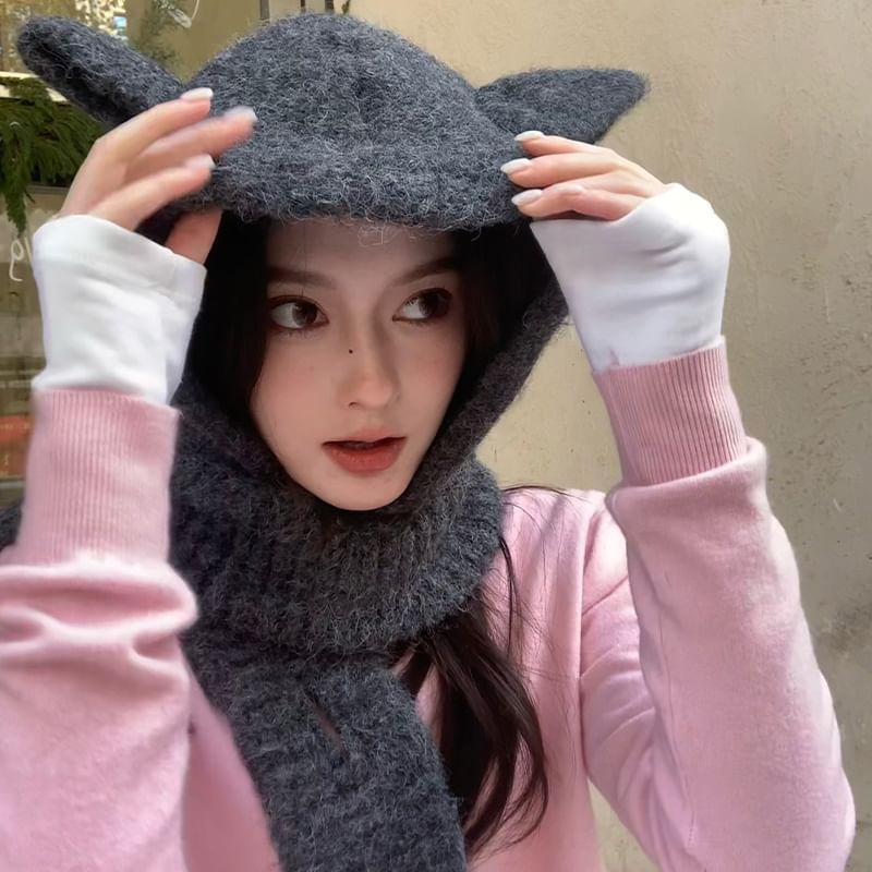 Rabbit Ear Plain Hooded Scarf