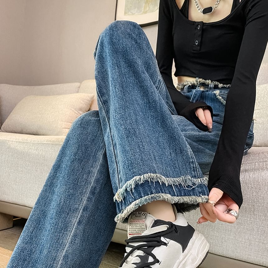 High Waist Washed Frayed Loose Fit Jeans (Various Designs)