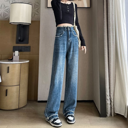 High Waist Washed Frayed Loose Fit Jeans (Various Designs)