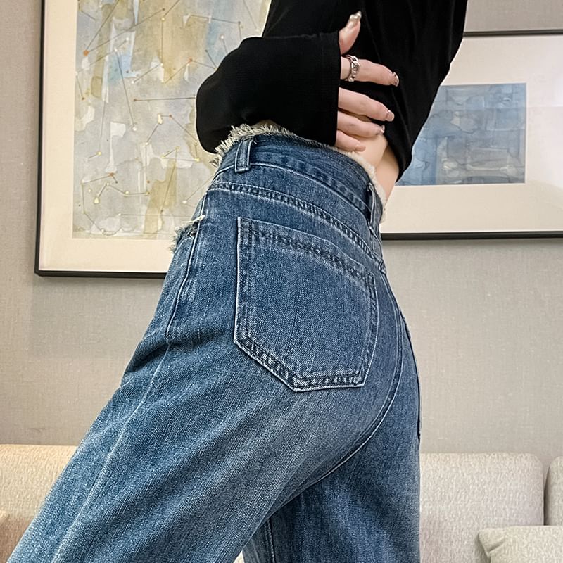 High Waist Washed Frayed Loose Fit Jeans (Various Designs)