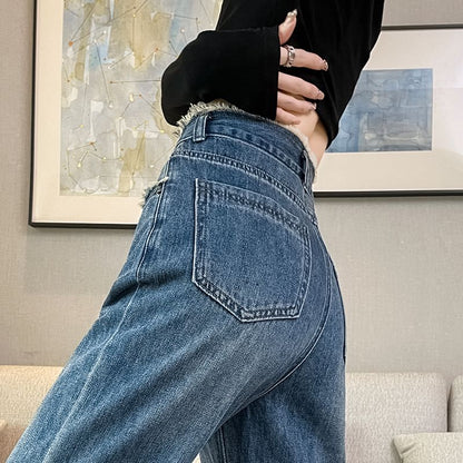 High Waist Washed Frayed Loose Fit Jeans (Various Designs)