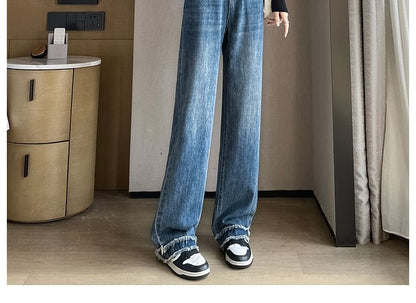 High Waist Washed Frayed Loose Fit Jeans (Various Designs)