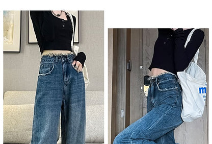 High Waist Washed Frayed Loose Fit Jeans (Various Designs)