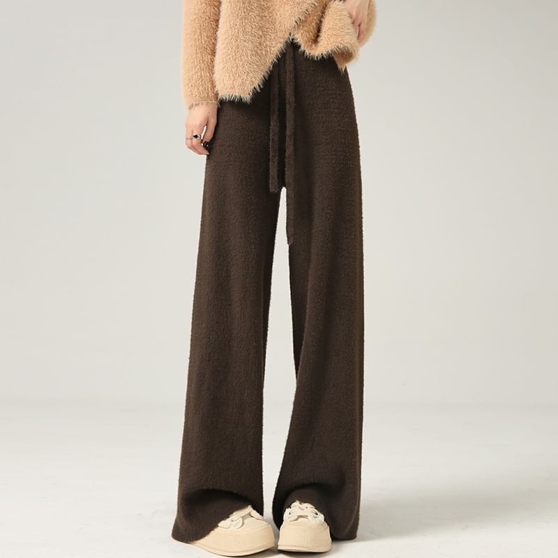 High Waist Plain Knit Wide Leg Pants