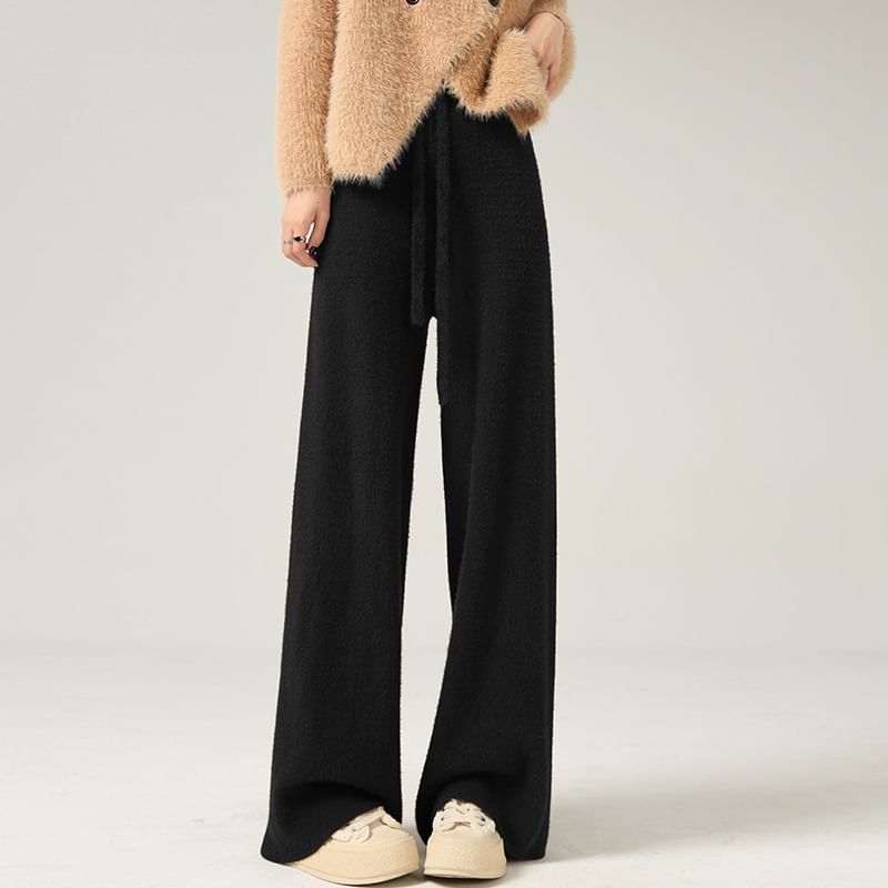 High Waist Plain Knit Wide Leg Pants