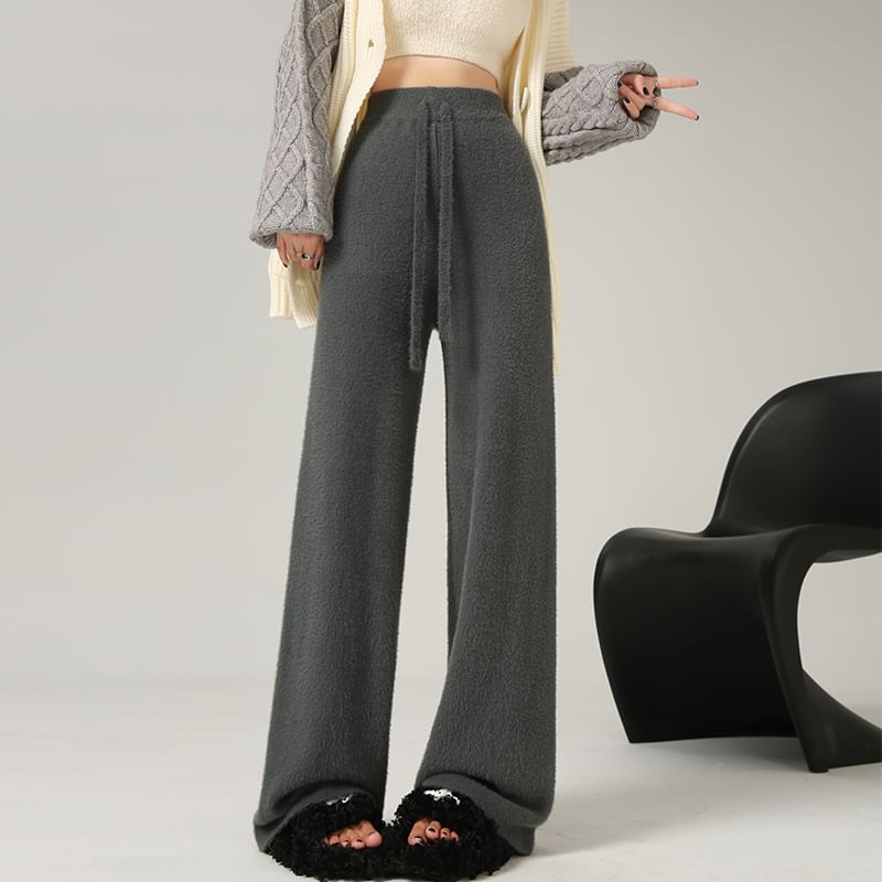 High Waist Plain Knit Wide Leg Pants