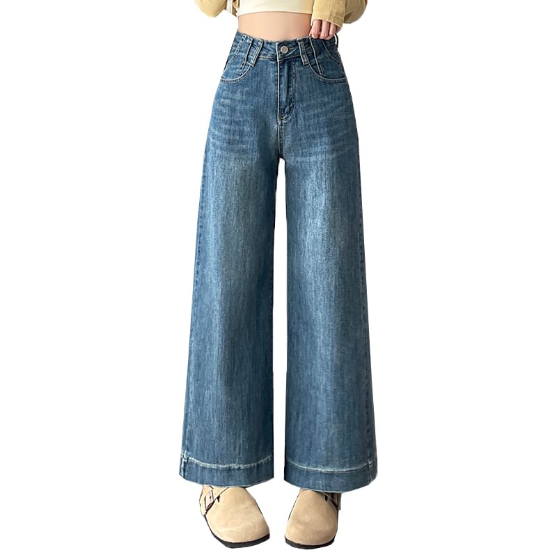 High Waist Washed Cropped Wide Leg Jeans (Various Designs)