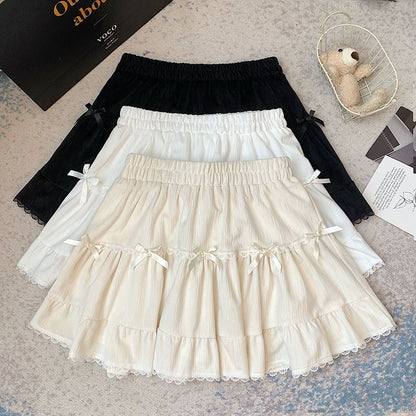 High Waist Plain Bow Accent Lace Trim Velvet Mini A-Line Skirt