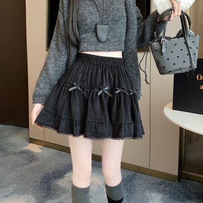 High Waist Plain Bow Accent Lace Trim Velvet Mini A-Line Skirt