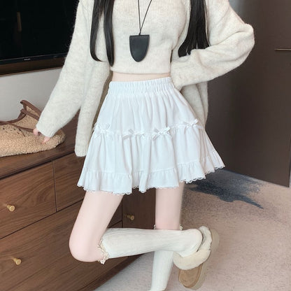 High Waist Plain Bow Accent Lace Trim Velvet Mini A-Line Skirt