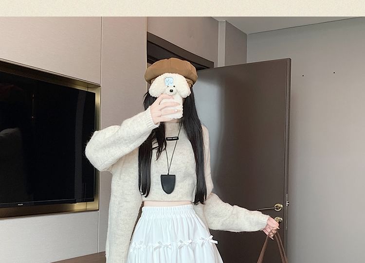 High Waist Plain Bow Accent Lace Trim Velvet Mini A-Line Skirt