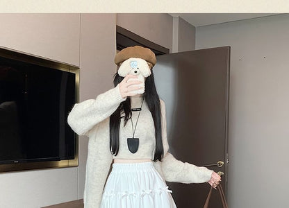 High Waist Plain Bow Accent Lace Trim Velvet Mini A-Line Skirt