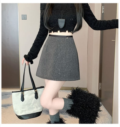 High Rise Sequin Mini A-Line Skirt