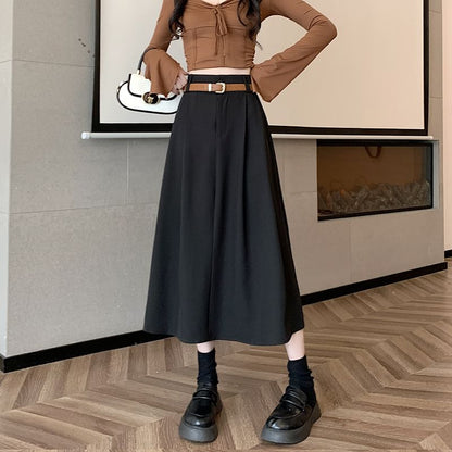 Set: High Rise Plain Midi A-Line Skirt + Belt