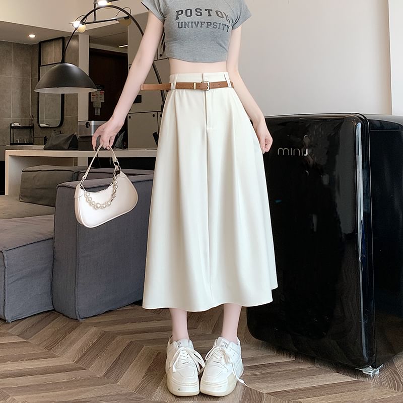 Set: High Rise Plain Midi A-Line Skirt + Belt