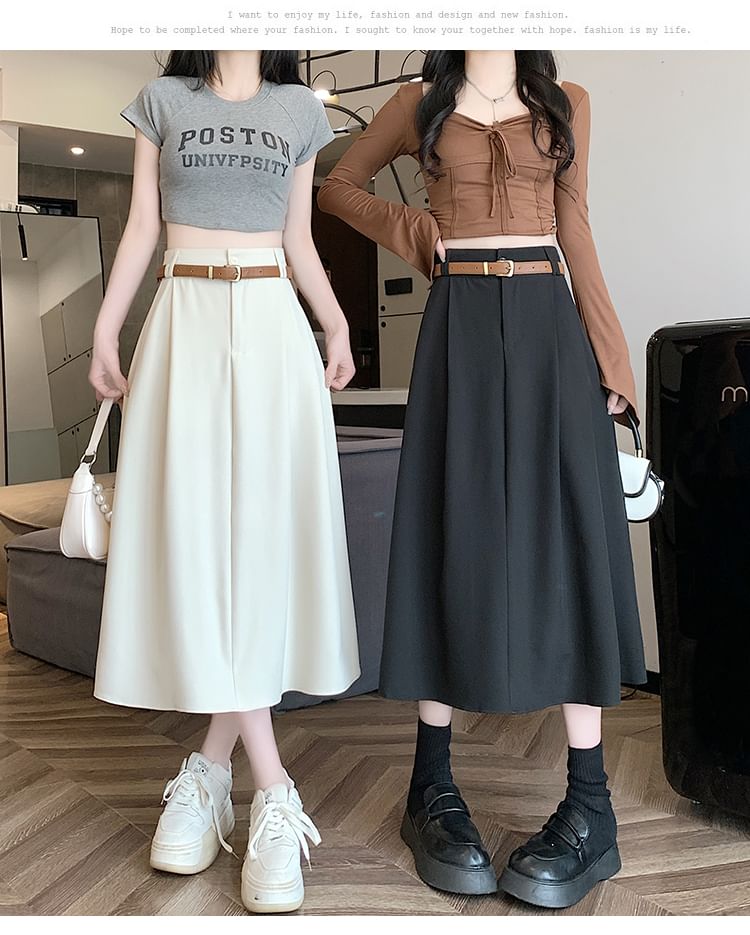 Set: High Rise Plain Midi A-Line Skirt + Belt