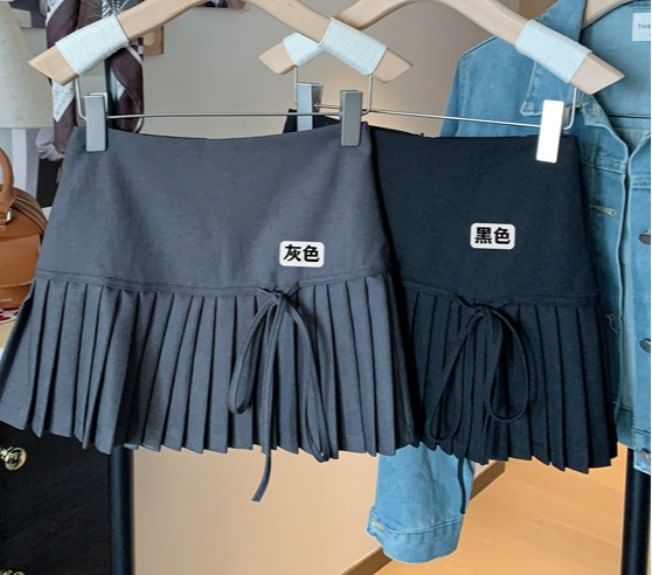 High Waist Plain Bow Accent Pleated Mini A-Line Skirt