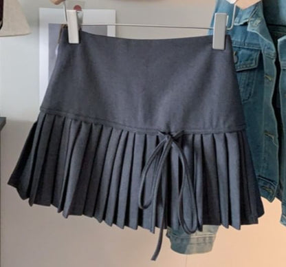 High Waist Plain Bow Accent Pleated Mini A-Line Skirt
