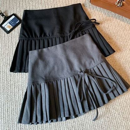 High Waist Plain Bow Accent Pleated Mini A-Line Skirt