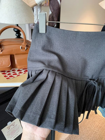 High Waist Plain Bow Accent Pleated Mini A-Line Skirt